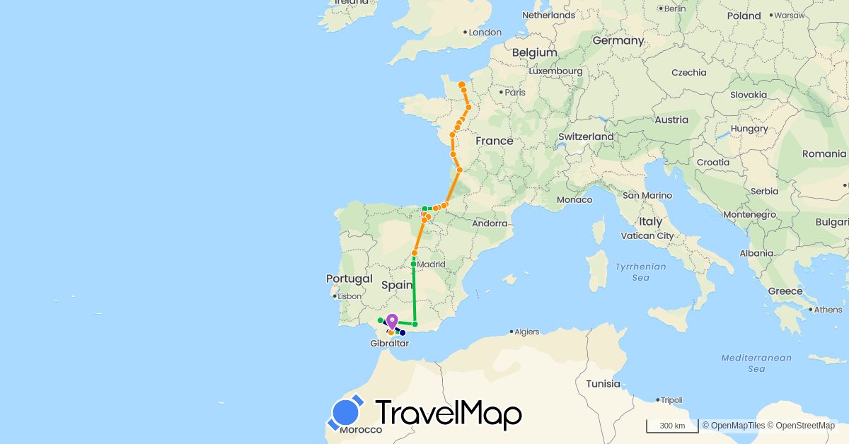 TravelMap itinerary: driving, bus, train, hitchhiking in Spain, France (Europe)